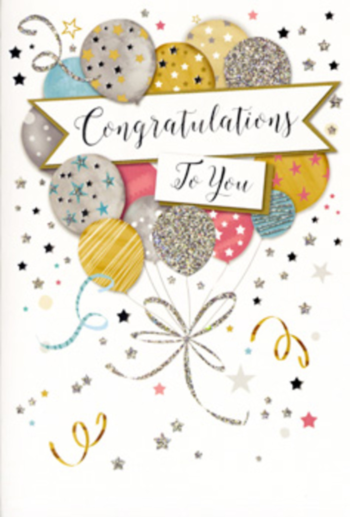 An elegant congratulations card is shown in close detail, its design capturing the buoyant mood of a celebration that could be taking place in a bright flat overlooking Whitechapel. The focal point is a generous spray of illustrated balloons, clustered like a decorative party display you might see beside a bouquet of fresh flowers. The balloons rise from the lower portion of the card in gentle layers, overlapping in tones of brushed gold, soft silver, champagne beige, sky blue, blush pink, and misty grey. Each is embellished with intricate surface details-fine glitter-like speckles, slender stripes, and tiny star patterns-that mimic the shimmer of metallic foil without overwhelming the soft palette. A flowing banner crosses the central area, carrying the words "Congratulations To You" in refined, cursive script, the lettering balanced and harmonious, much like the careful spacing in a well-composed floral arrangement. Surrounding the main motif, subtle starbursts, scattered confetti, and looping ribbons drift across a pale, almost creamy background, giving the impression of movement and light, as though a gentle breeze were passing through an open window on a celebratory afternoon. The textures suggested by the artwork-slightly raised sparkle, smooth ink, and matte card-invite touch as much as they please the eye. As a florist in Whitechapel, I imagine pairing this card with a hand-tied bouquet ready for same-day delivery to homes around Altab Ali Park or studios near Brick Lane, marking moments like exam results, new jobs, or personal milestones. The entire composition feels like a quiet yet unmistakable burst of happiness, perfect for occasions when you want your congratulations to feel thoughtful, stylish, and deeply sincere.