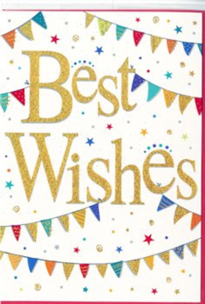 This "Best Wishes" card is portrayed with a sense of cheerful sophistication, as if designed to mirror the lively yet down-to-earth spirit of Whitechapel. At its heart, the words "Best Wishes" are embossed in a rich, golden script that gleams against a pure white background. The lettering appears slightly raised and textural, inviting the fingertips to trace each curve of the glowing metallic ink. The gold tone is warm rather than brash, catching the imaginary light in the same way the late-afternoon sun glints off windows along Whitechapel Road. Curving gently above and below the message are strands of colourful bunting, their arcs creating a soft frame that draws the eye back to the centre. Each little flag is a triangle of vibrant colour-royal blue, fiery red, fresh green, citrus yellow-some with subtle patterns like stripes, dots, and tiny geometric shapes, giving the impression that every pennant has its own personality. Scattered across the white space between and around the bunting are clusters of small stars and confetti dots in coordinating hues, like the aftermath of a joyful toast or a neighbourhood fete by Altab Ali Park. These details add movement and a hint of sparkle, without overwhelming the calm clarity of the design. The card feels ideal for tucking into a hand-tied bouquet sent to mark new beginnings-a promotion near Aldgate East, a new flat off Commercial Road, or a personal milestone reached quietly but proudly. It conveys warmth, optimism, and genuine support, making it suitable for any moment when you want your message to feel both heartfelt and celebratory.