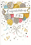 This congratulations card is illustrated with the kind of graceful festivity that would feel at home in a chic Whitechapel celebration, perhaps set beside a vase of fresh flowers on a kitchen table. At the heart of the design floats a cluster of balloons rendered in soft, luminous colours-muted gold and silver, champagne, pale blue, blush pink, and light grey-all gathered together like a bouquet and drifting upward in a gentle arc. Each balloon carries its own decoration: some are sprinkled with glittery-looking stars, others are traced with fine stripes or dotted patterns, giving the impression of texture and sparkle without being loud. A sweeping banner glides across the centre, delicately printed with the phrase "Congratulations To You" in elegant, flowing calligraphy that feels personal, as though written by hand for the recipient. Around this central grouping, tiny metallic-style stars, curving ribbons, and confetti specks scatter across a light, softly shaded background, suggesting the joyful whirlwind of a surprise party. The overall feeling is airy, polished, and quietly glamorous, like the glow after hearing good news. The implied textures-glossy ink, gentle shimmer, and sturdy card-make it easy to imagine how satisfying the card would feel to hold. From a local florist's perspective in Whitechapel, this card would pair beautifully with a celebratory arrangement headed to apartments near Aldgate East or homes around Stepney Green, ideal for graduations, promotions, or any proud moment. The image captures a sense of heartfelt joy and admiration, offering a visual "well done" that feels both modern and timeless.