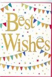 A bright and joyful "Best Wishes" card is shown, its design capturing that same sense of community celebration you might find at a summer event around Whitechapel. The central focus is the phrase "Best Wishes," written in bold, gleaming gold script that appears slightly raised from the card, as though printed with metallic foil or fine glitter. The letters curve smoothly and confidently across a pristine white background, giving a feeling of clarity and optimism. Gently arching over and under the words are rows of colourful bunting, like strings of flags hung between lampposts along a side street off Whitechapel High Street. Each tiny triangular pennant is filled with rich colour-deep blues, bright reds, vivid greens, and sunny yellows-and some show delicate patterns such as dots or stripes, adding extra charm and visual rhythm. Around these arcs of bunting, small stars and round confetti dots are sprinkled as if caught in mid-air, frozen in the instant after a handful of celebration has been tossed. These accents, in matching bright tones, create a lively sense of movement without disturbing the card's airy simplicity. The overall mood is one of gentle festivity and heartfelt encouragement, perfect for pairing with flowers delivered to celebrate exam results in Stepney, a move to a new home near Aldgate, or any personal success in the E1 area. The design feels inclusive and kind, offering warm support and good fortune while keeping the look modern, clean, and quietly joyful.